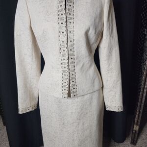 Tahari ASL Cream Skirt Set with Embellished Trim